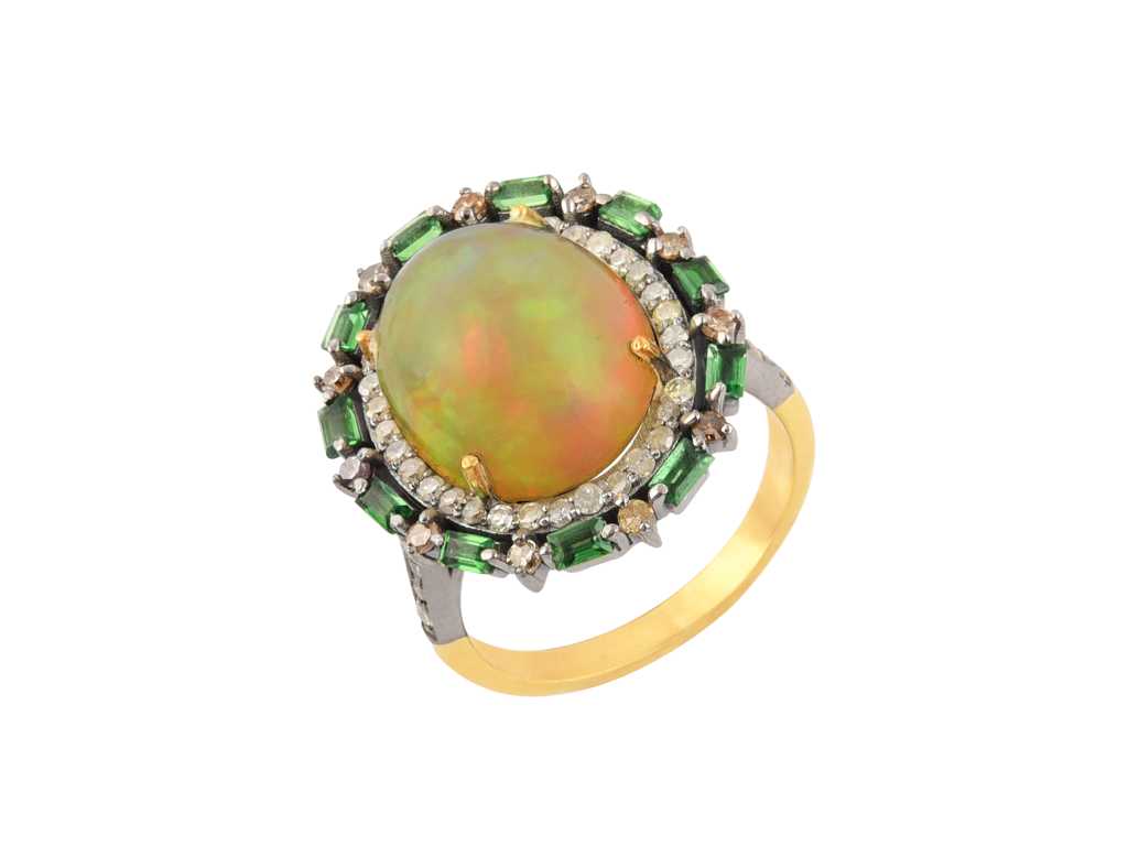 Ring 14kt Gold And Silver With Natural Diamonds, Fancy Colour Diamonds Opal And Tsavorite