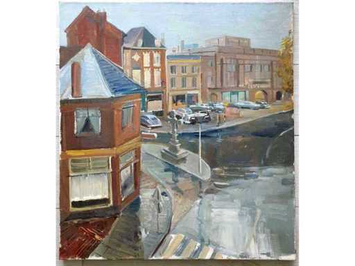Hans Hansen - Cityscape with cross - oil on canvas - 70x60 cm
