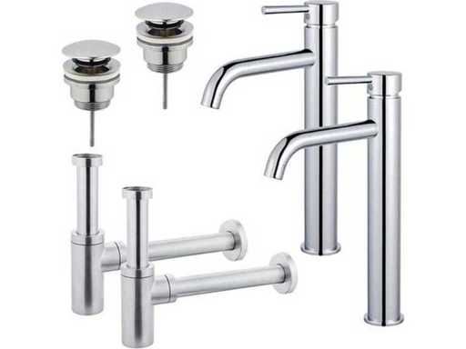 Ensemble de robinet de lavabo - pour double évier - robinet de lavabo surélevé - bouchon d’évacuation à clic - siphon de conception - Chrome