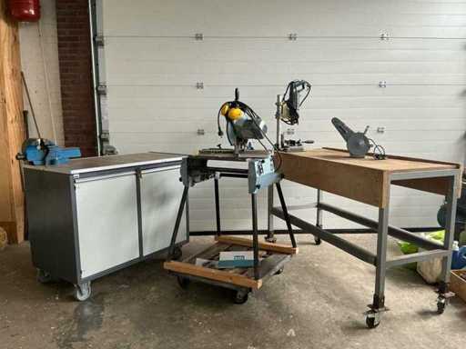 Workbench, crosscut circular saw, drill press and sander.