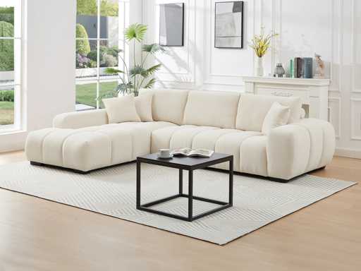 Linkerhoek bank in beige stof met textuur