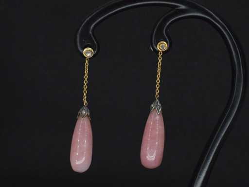 Złote i srebrne kolczyki z diamentami i różowym kwarcem