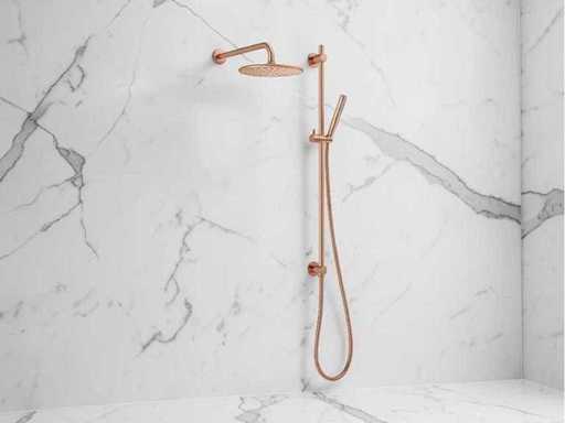 Damixa Iris Hoofddouche met wandarm glijstang en staaf handdouche brushed copper