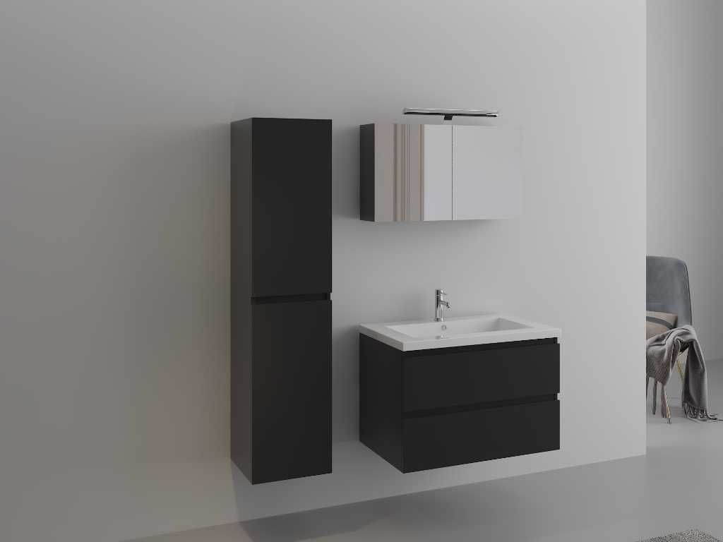 Meuble de salle de bain 1 personne 80 cm noir brillant - Avec robinet
