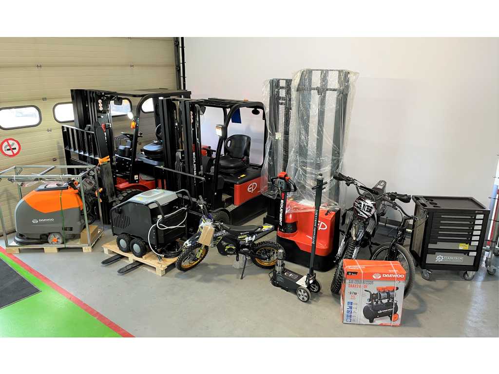 Tools, machinery, cleaning machines and material handling equipment