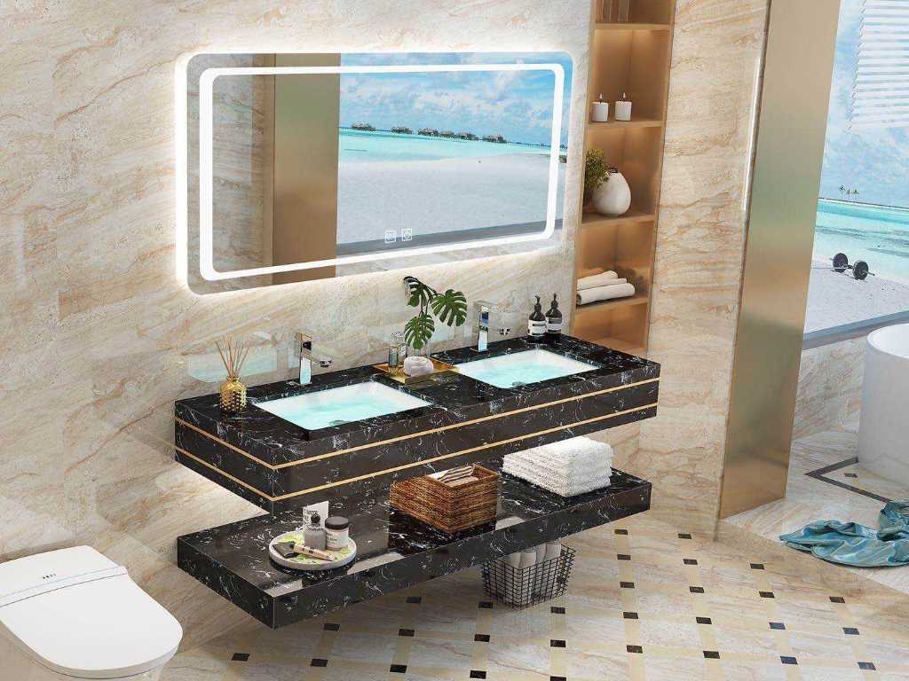 Dulap de baie duo complet din 2 piese negru-marmură. Cu oglindă LED (120cm)