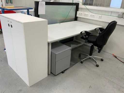 Desk including work chair, 2 drawer units and workshop cupboard