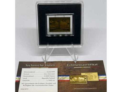 Or 999 (1/500 oz) – Billet commémoratif en feuille d’or CFA Hunting Lodge Granitz de 3 000 francs (République du Tchad), 16 × 22,4 mm.