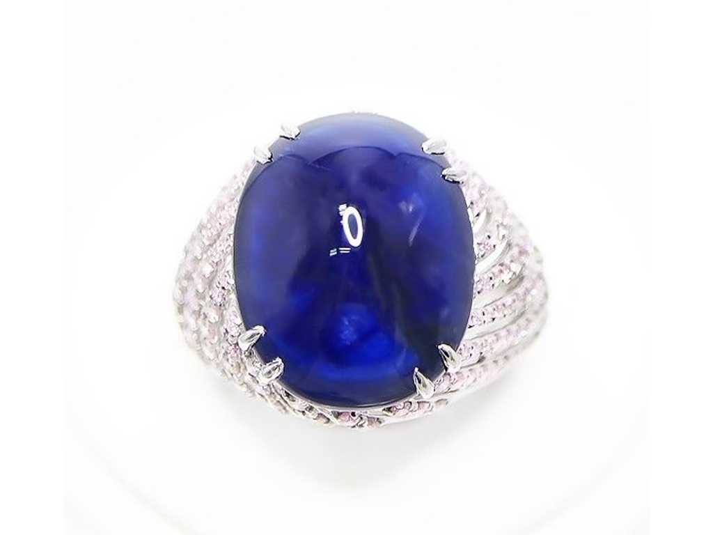 High Jewelry Ring in Natural Blue Sapphire with Natural Pink Diamonds 10.83 carat