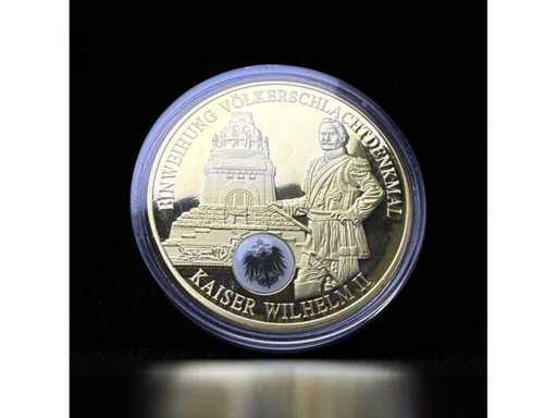 Historisches Deutschland Völkerschlachtdenkmal & Kaiser Wilhelm II Medaille 2008 – Vergoldet – Zertifikat – Gratis EU Versand