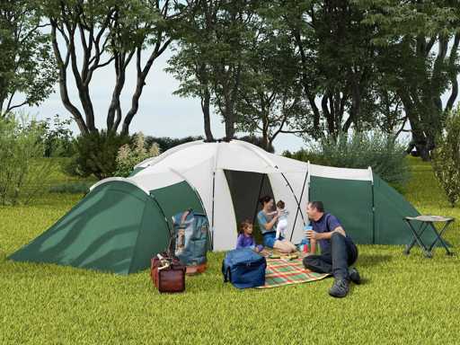 Tent voor 6-9 personen met slaapkamers en woonkamer, accessoires inbegrepen, groen