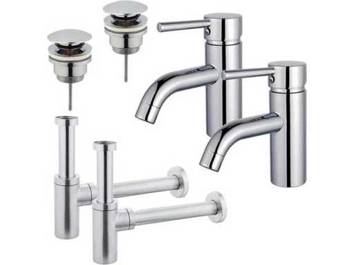 Ensemble de robinet de lavabo - pour double évier - robinet bas - bouchon d’évacuation à clic - siphon de conception - Chrome