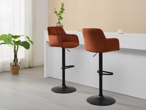 Set van 2 barkrukken in fluweel en zwart metaal - in hoogte verstelbaar - terracotta 