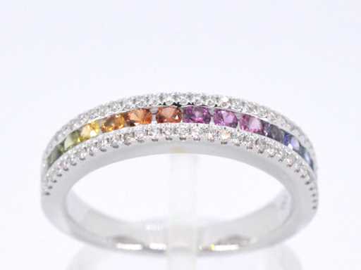 Witgouden ring met diamanten en multicolour saffieren