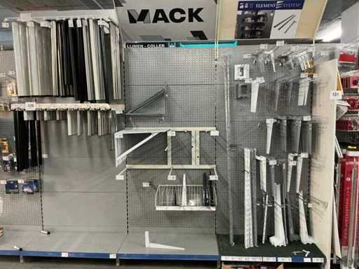 Batch of table legs, shelf brackets and wall racks