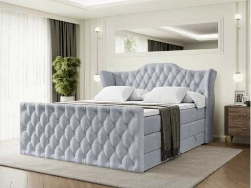 Lit boxspring 140x200 -matelas - surmatelas - coffre - velours gris clair