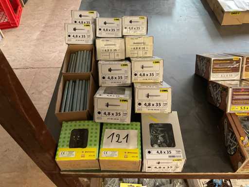 Boxes, roofing sheet, screws and threaded rods