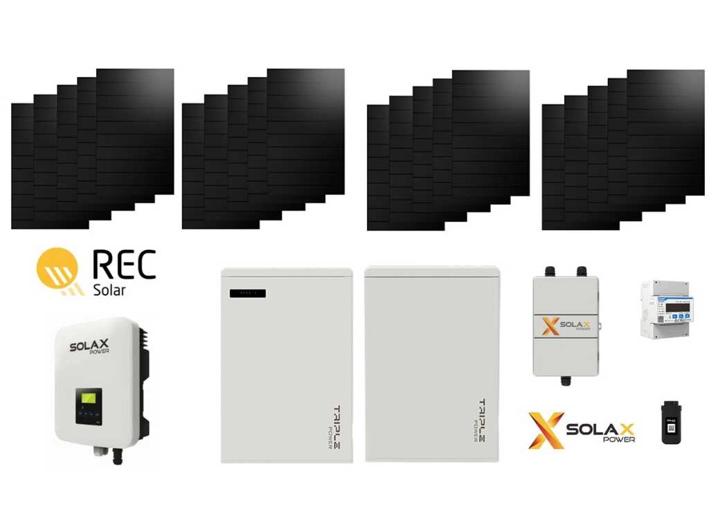 zestaw 20 paneli fotowoltaicznych w kolorze czarnym (405 wp) z inwerterem hybrydowym Solax 8.0k i pakietem Solax 5.8kWh Master Pack i Solax Battery 5.8kWh Slave Unit