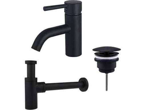 Jeu de robinets pour lavabo - robinet bas - bouchon toujours ouvert - siphon design - noir mat