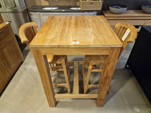 Table en barre en teck diamanté 80 x 80 x H110cm naturelle avec pieds blocs