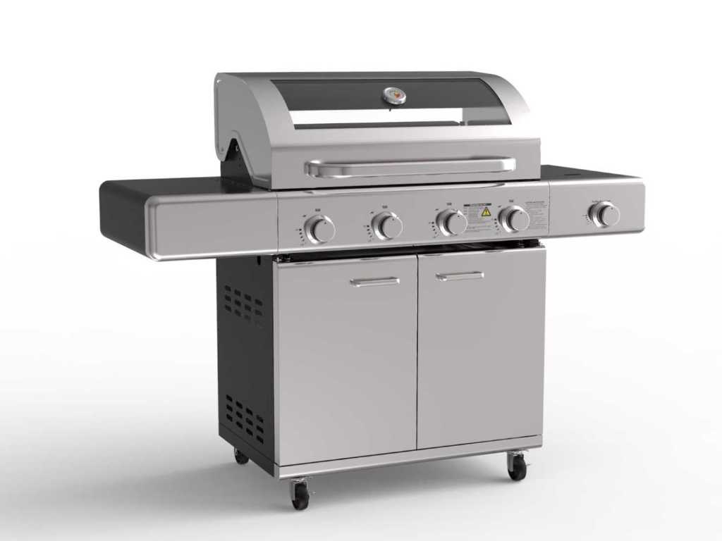 Gas grills with outlet cast iron burners