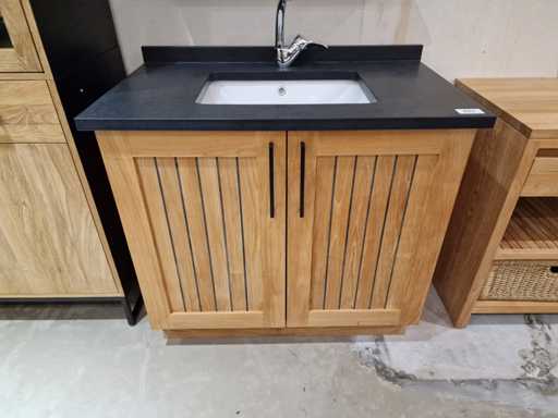 Mobilier de salle de bain teck en teck Londres 95cm avec granit noir 