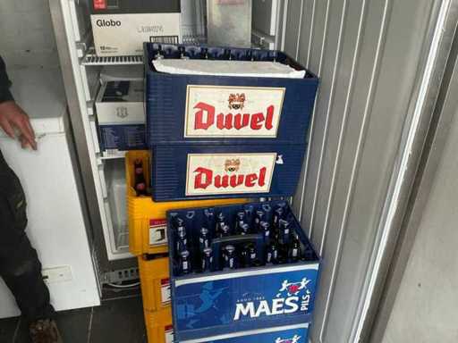 Batch of beers, Wed Jupiler and Duvel, partly opened, about 11 crates, including various glassware