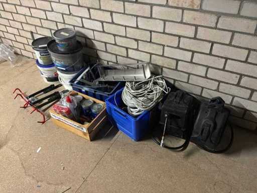 Batch of tools, paint and air reels
