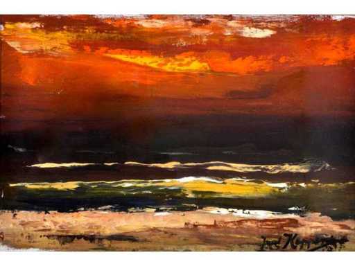 Juul Keppens – Sea view at sunset - Oil on paper
