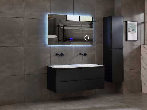 Meuble de salle de bain 2 personnes 120cm (blanc mat ou noir mat) avec (armoire suspendue) et miroir LED et diverses combinaisons de lavabo