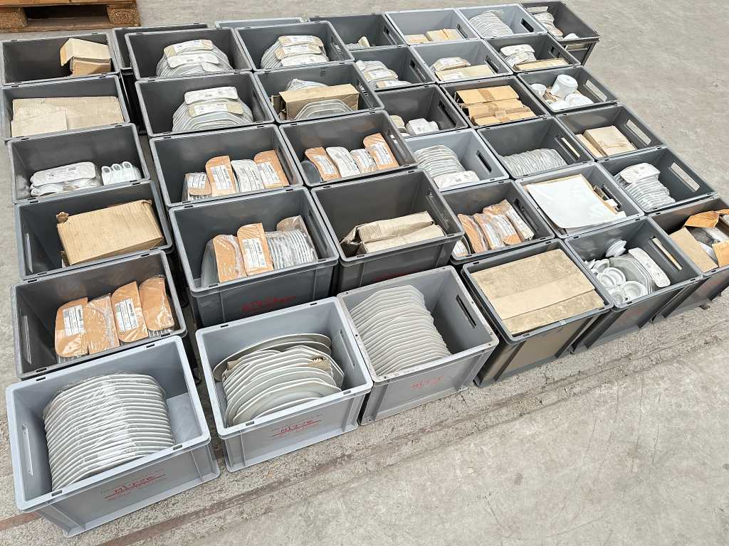 Batch of new and used crockery in 36 boxes