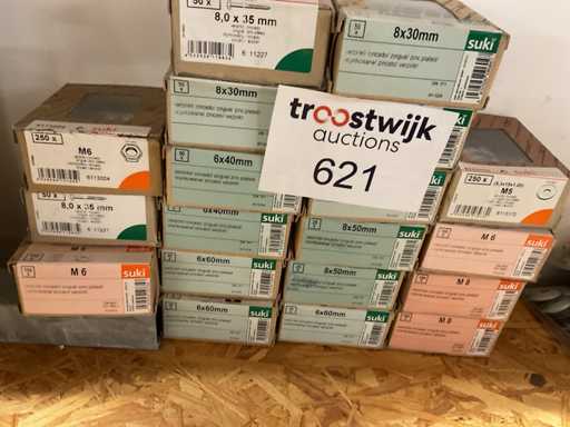 19 boîtes de boulons à retard, rondelles ; Noix