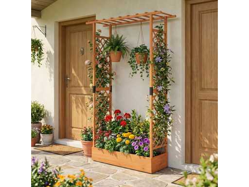 Jardinière surélevée en bois avec treillis et toit suspendu