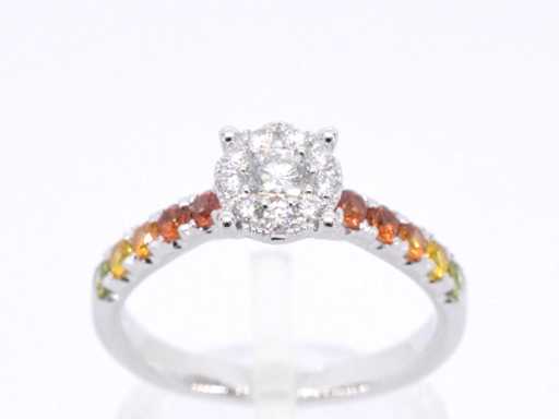 Witgouden ring met diamanten en multicolour saffieren