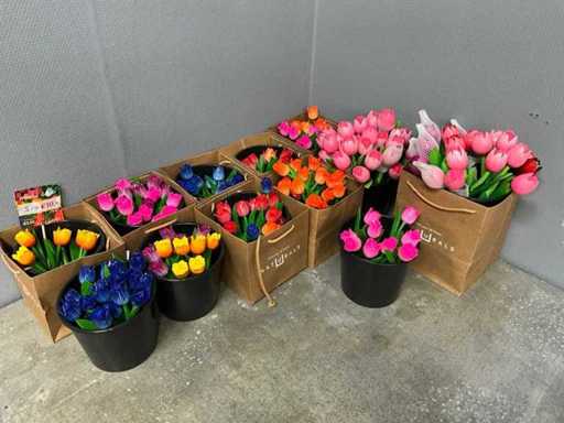 Lot of Wooden tulips, artificial flowers and artificial plants