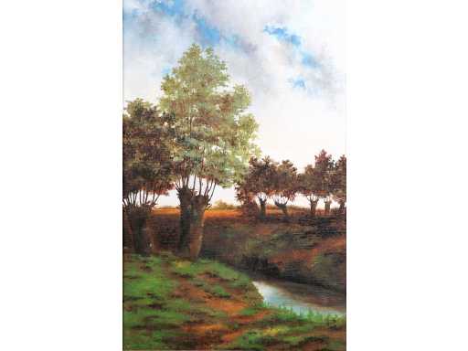 Farzand Ali Zahid - Weiland met knotwilgen aan beek - olie op doek