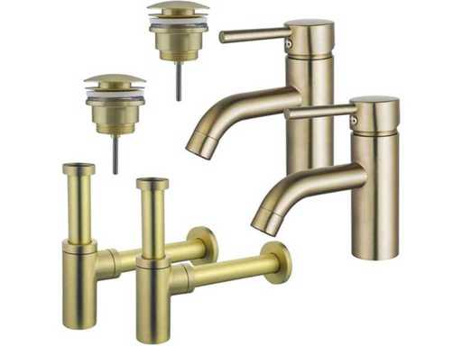 Jeu de robinet pour lavabo - pour double évier - robinet bas - bouchon d’évacuation à clic - siphon de conception - PVD en laiton brossé (Or)