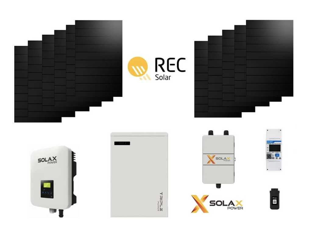 REC - Set de 10 panouri solare complet negre (405 wp) cu invertor hibrid Solax 3.7k și baterie Solax 5.8 kWh pentru stocare