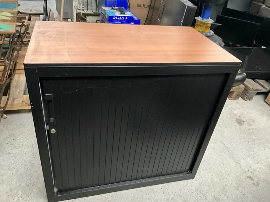 Metal side cabinet with wooden top and roller shutter door