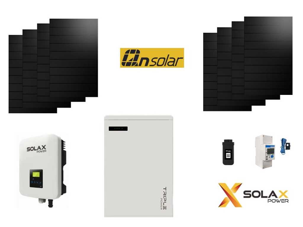 set of 8 full black solar panels (420 wp) with Solax 3.0 hybrid inverter and Solax 5.8 battery