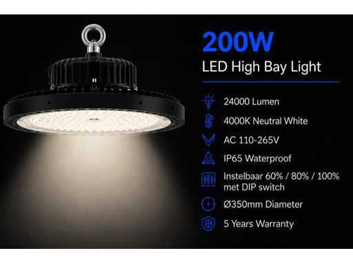 5 x LED Highbay UFO PRO 200W – Instelbaar 60% / 80% / 100% – 4000K – WEB-200