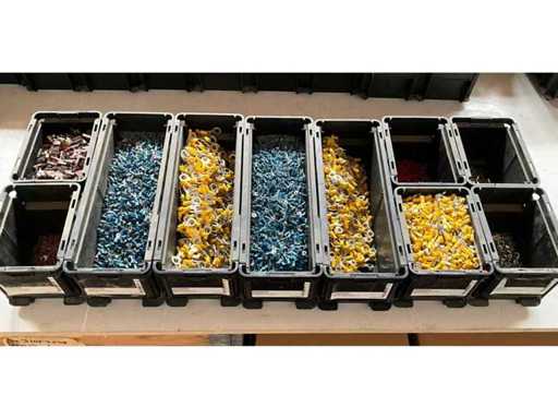 Assorted fasteners including ring tongue in stackable bins
