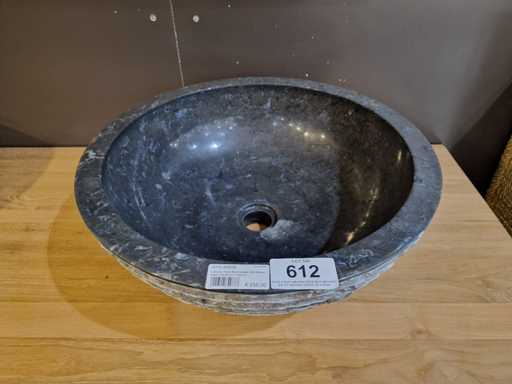 Lavabo en pierre bleue en teck, diamètre rond 45 x H18 cm ciselé