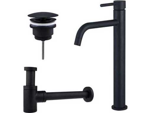 Jeu de robinet de lavabo - robinet de lavabo surélevé - bouchon toujours ouvert - siphon de design abaissé - noir mat