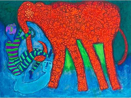 Shahid Parvez - red elephant - colour screen printing