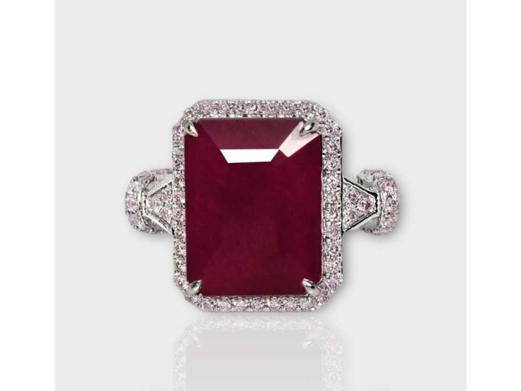 Bague Design de Luxe Rubis Rouge Violacé Naturel avec Diamants Rose 7,35 carats