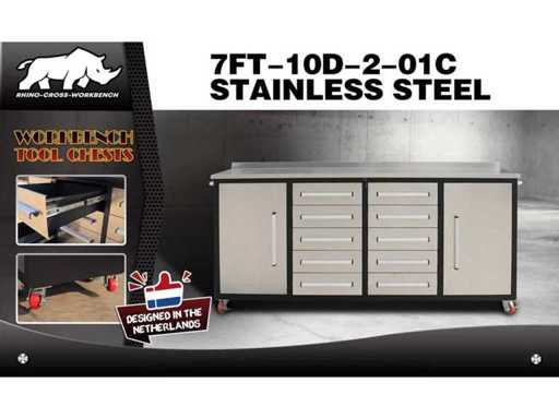 Rhino-Cross-Workbench 7FT-10D-2-01C Stainless Steel Workbench 10 drawer 2 doors