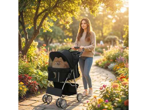 Foldable dog stroller with basket and cup holder