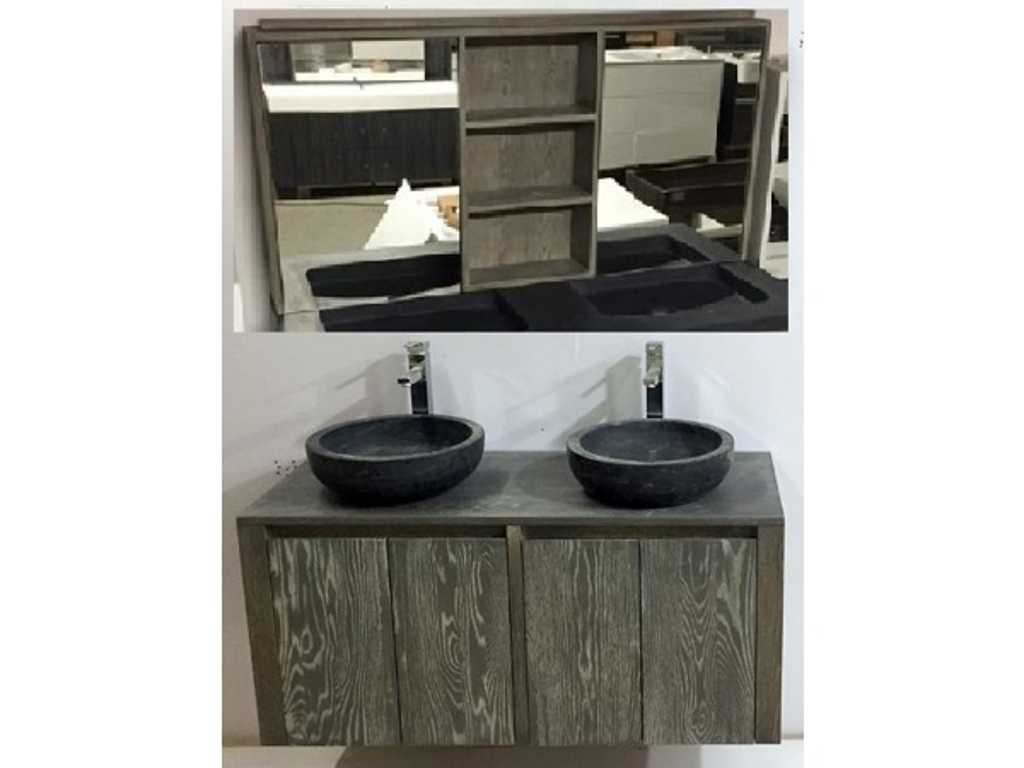 Meuble sous vasque 120 cm chêne gris fumé avec armoire de toilette