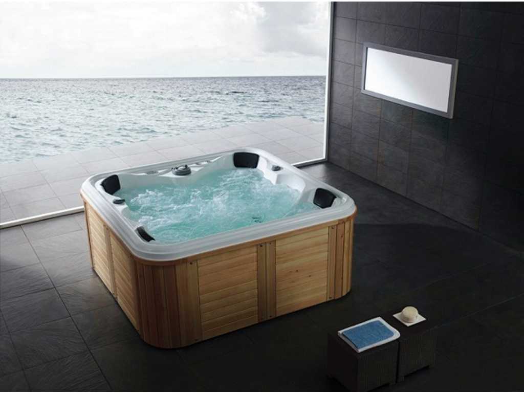 6 Persons Outdoor Spa 208x208 cm - White bath / Natural wood color side